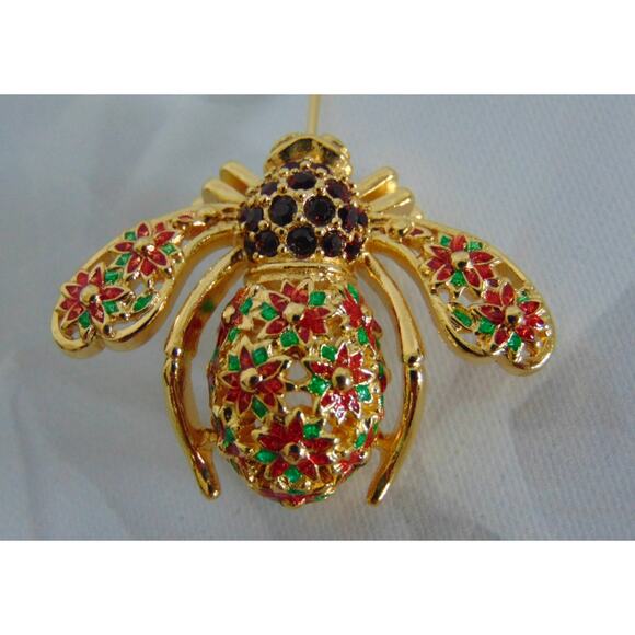 Joan Rivers Christmas Flower POINSETTIA BEE PIN Brooch Crystal Ruby Rhinestones - Picture 5 of 5